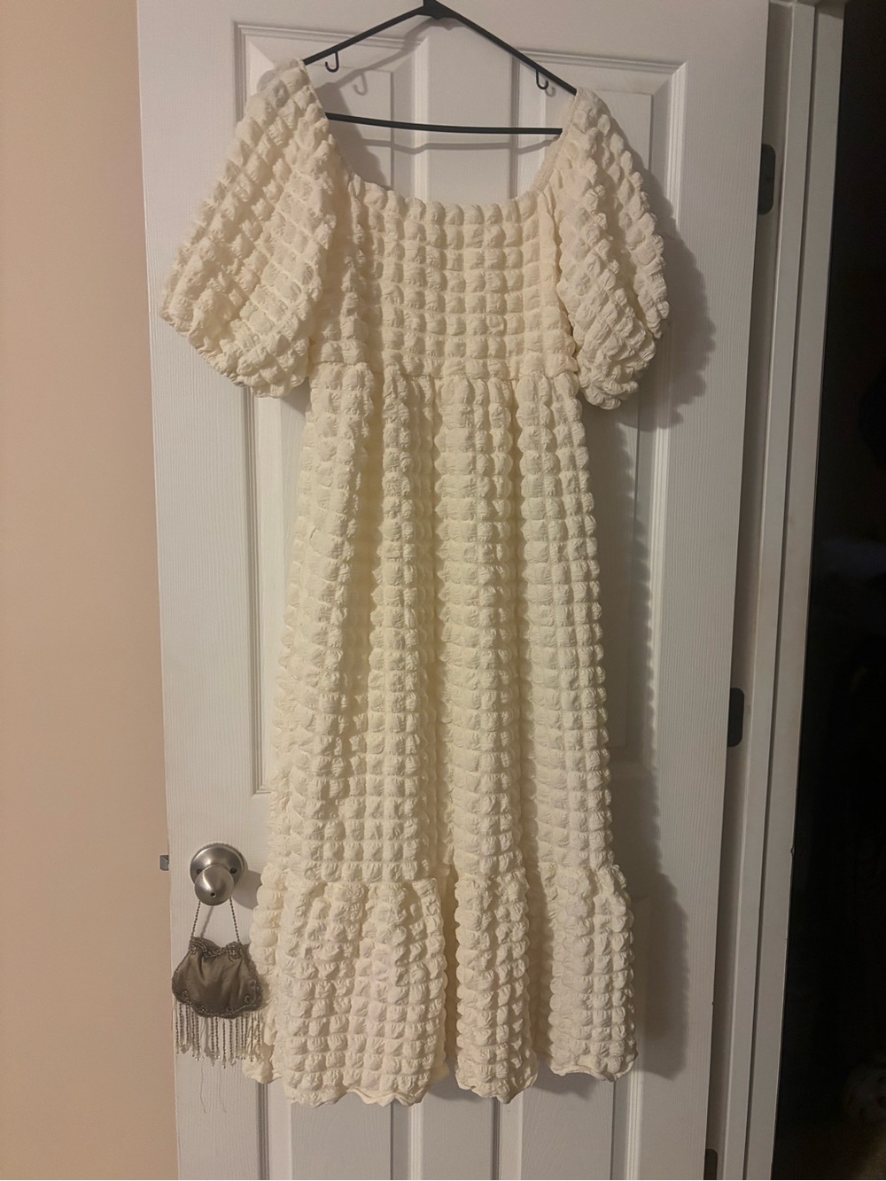 Cream Puff-Sleeve Textured Dress - Cream